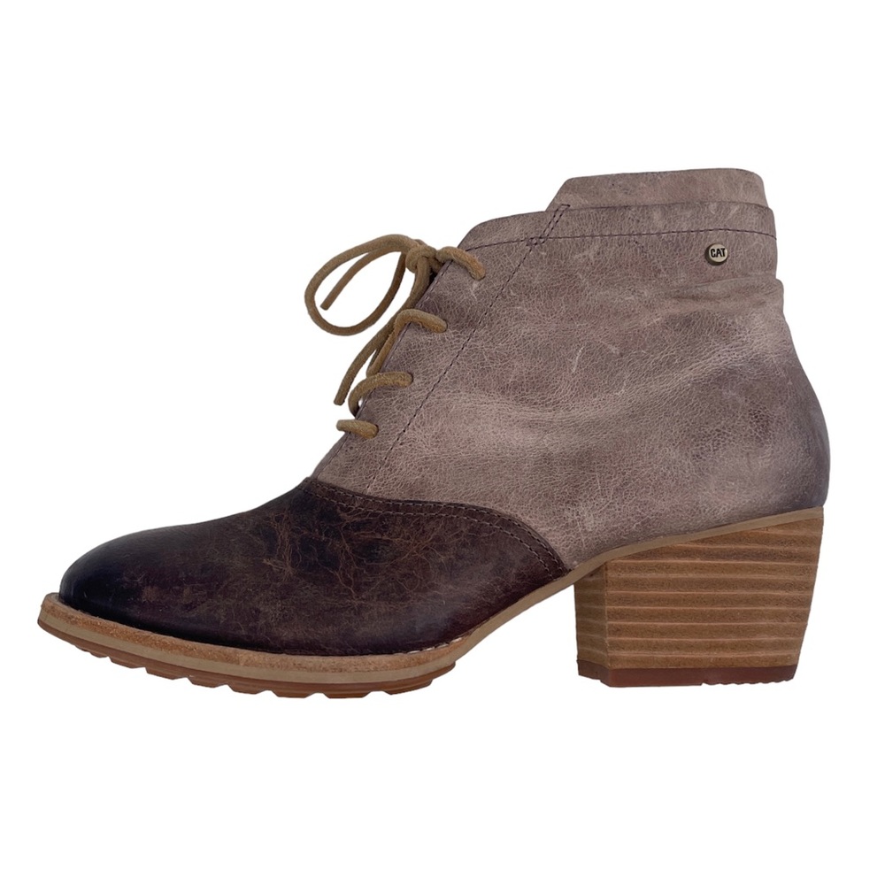 CAT Caterpillar Marlowe Antler Ankle Booties Two Tone Block Heeled Boot Brown 7
